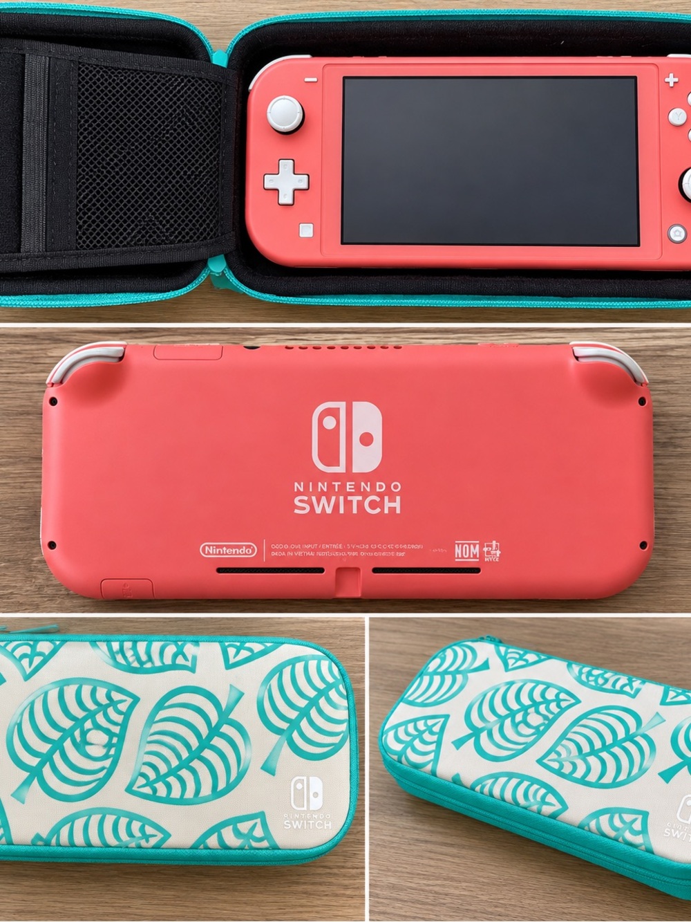 Nintendo Coral Switch Lite with Teal Leaf Print Travel Case